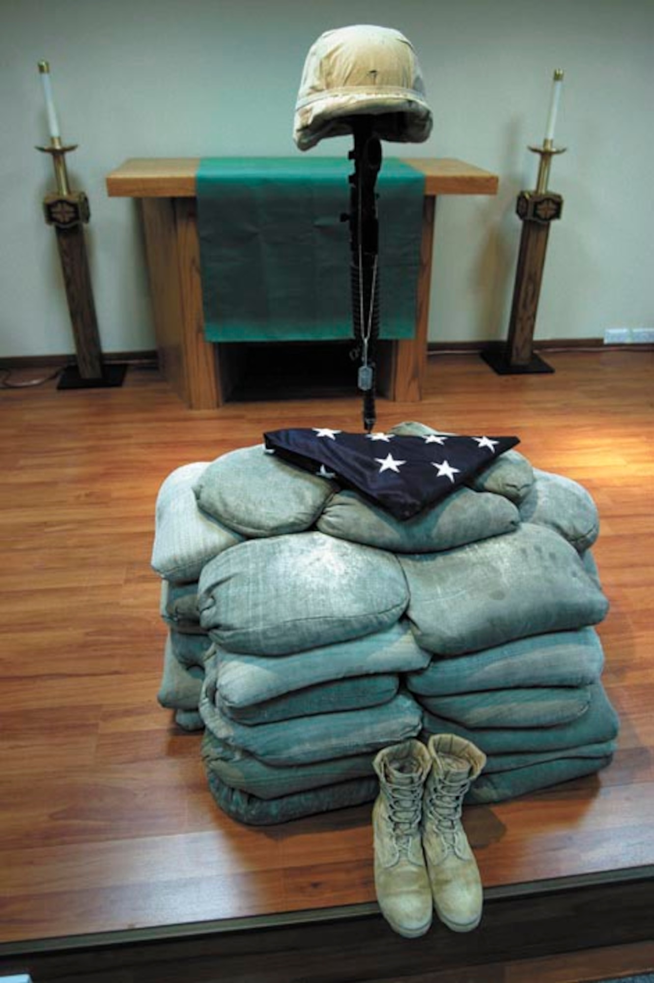 A memorial to Airman 1st Class Elizabeth Jacobson stands at the Goodfellow Air Force Base chapel Oct. 7, 2005. (U.S. Air Force photo/Staff Sgt. Scott Campbell)