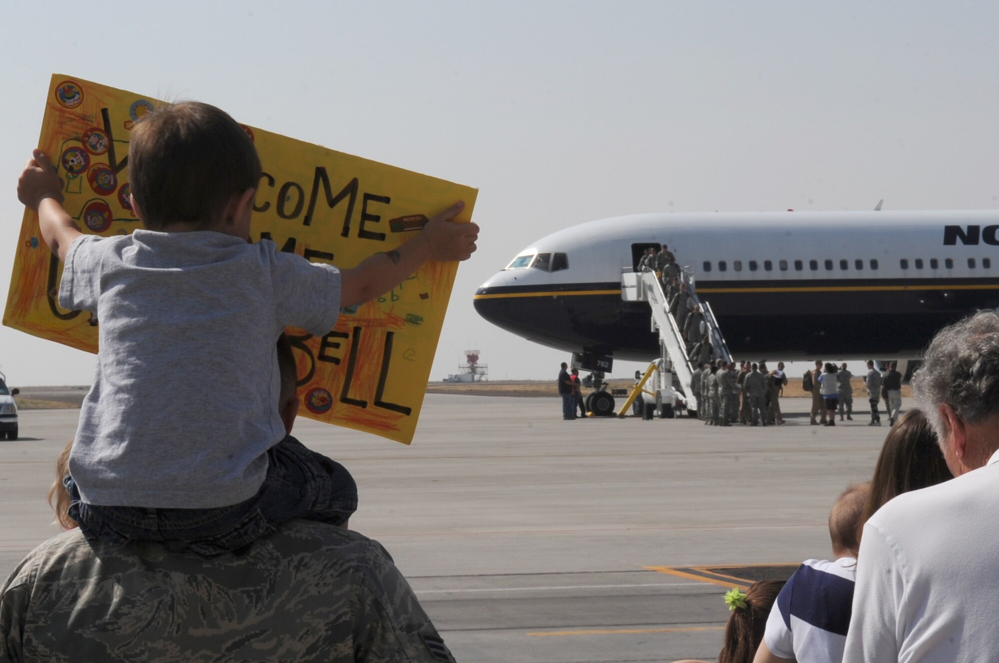 Families welcomed back Airmen from the 366th Fighter Wing who deployed to Southwest Asia in support of Operation Enduring Freedom at Mountain Home Air Force Base, Idaho. The deployed members executed Combined Forces Air Component Command priorities, took advantage of training opportunities to impart valuable knowledge to host nation partners and bolstered regional security. (U.S. Air Force photo/Staff Sgt. Roy Lynch)
