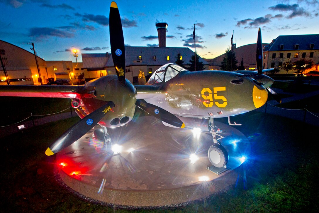 The world’s only existing P-38G Lightning fighter sits on vigilant watch over JBER as a subarctic dawn rapidly approaches, Wednesday. The World War II fighter was recovered in 1998 from Attu Island. (U.S. Air Force photo/Justin Connaher)