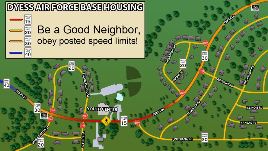 DYESS AIR FORCE BASE, Texas - Be a good neighbor, obey posted speed limits in base housing. (U.S. Air Force graphic by Airman 1st Class Damon Kasberg/Released)