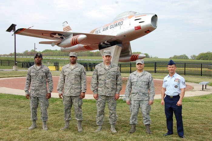 The five Delaware Air National Guard Outstanding Airmen of the Year for FY 2011. Left to right: Airman of the Year: Senior Airman Desmond Overton, 166th Security Forces Squadron, a resident of Middletown, Del.; Noncommissioned Officer of the Year: Staff Sgt. Jomarr Hatten, 166th Logistics Readiness Squadron, a resident of Newark, Del.; First Sergeant of the Year: Master Sgt. John Young, 166th Logistics Readiness Squadron, a resident of Nottingham, Pa.; Honor Guard Member of the Year: Staff Sgt. Jeffrey Lee, 166th Maintenance Squadron, a resident of New Castle, Del.; and Senior Noncommissioned Officer of the Year: Master Sgt. Samuel Lewis, 166th Logistics Readiness Squadron, a resident of Elsmere, Del. The Airmen are next to the F-86 static display, New Castle ANG Base, Del., on April 15, 2012. (U.S. Air Force photo/Tech. Sgt. Benjamin Matwey)