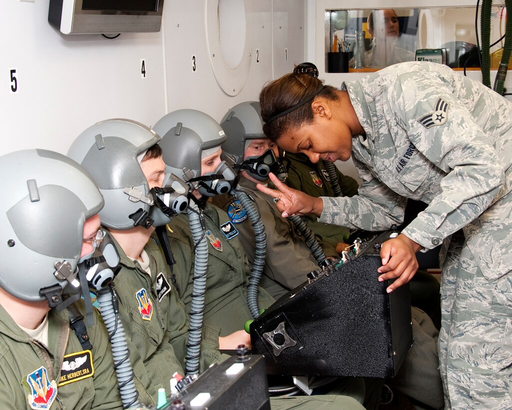 Senior Airman Jasmine Mudd-Smith, 82nd Medicine Squadron, ensures that the pilots have a good mask seal prior to hypobaric chamber start up. Hypobaric chamber crew members coordinate safe operation of the chamber on Sept. 21, 2012. All Air Force pilots are required to train every 5 years to experience hypoxia, a state of oxygen deficiency in body tissue sufficient to cause impairment of function. The danger of hypoxia, if not corrected immediately, is mental confusion, muscle incoordination and unconciousness. (U.S. Air Force Photo by Frank H. Carter)
