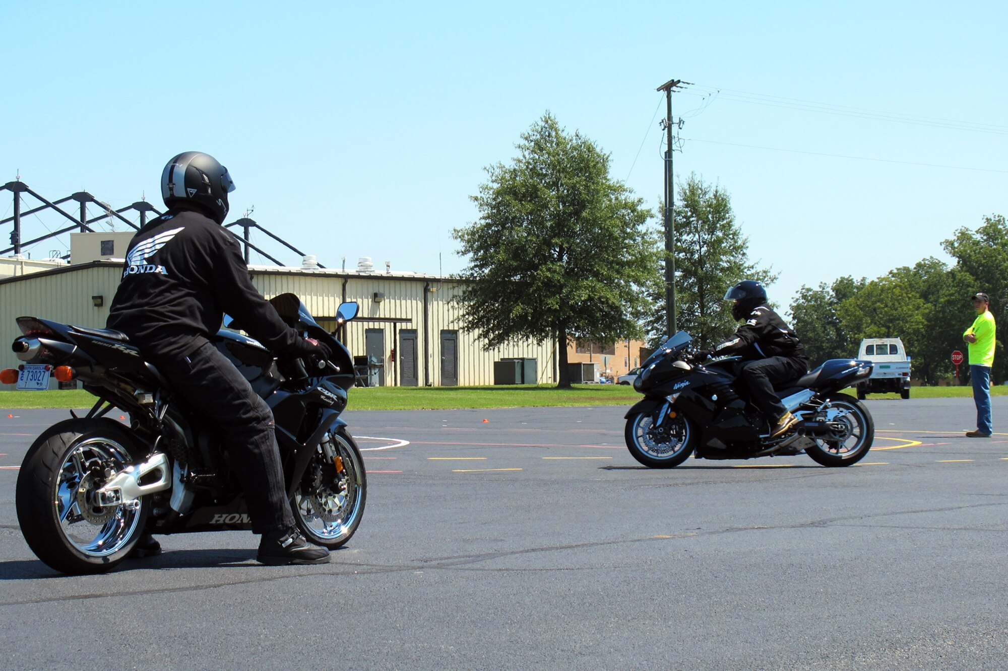 Maj. Wade Rivers and Master Sgt. Gene Croft conducted motorcycle safety training 25-26 Aug, 2012. Carolina Honda loaned two Honda motorcycles to McEntire Joint National Guard Base, S.C., to use in the Motorcycle Safety Foundation course at no cost to the base. (Photo courtesy of Zachary Rivers/Released)