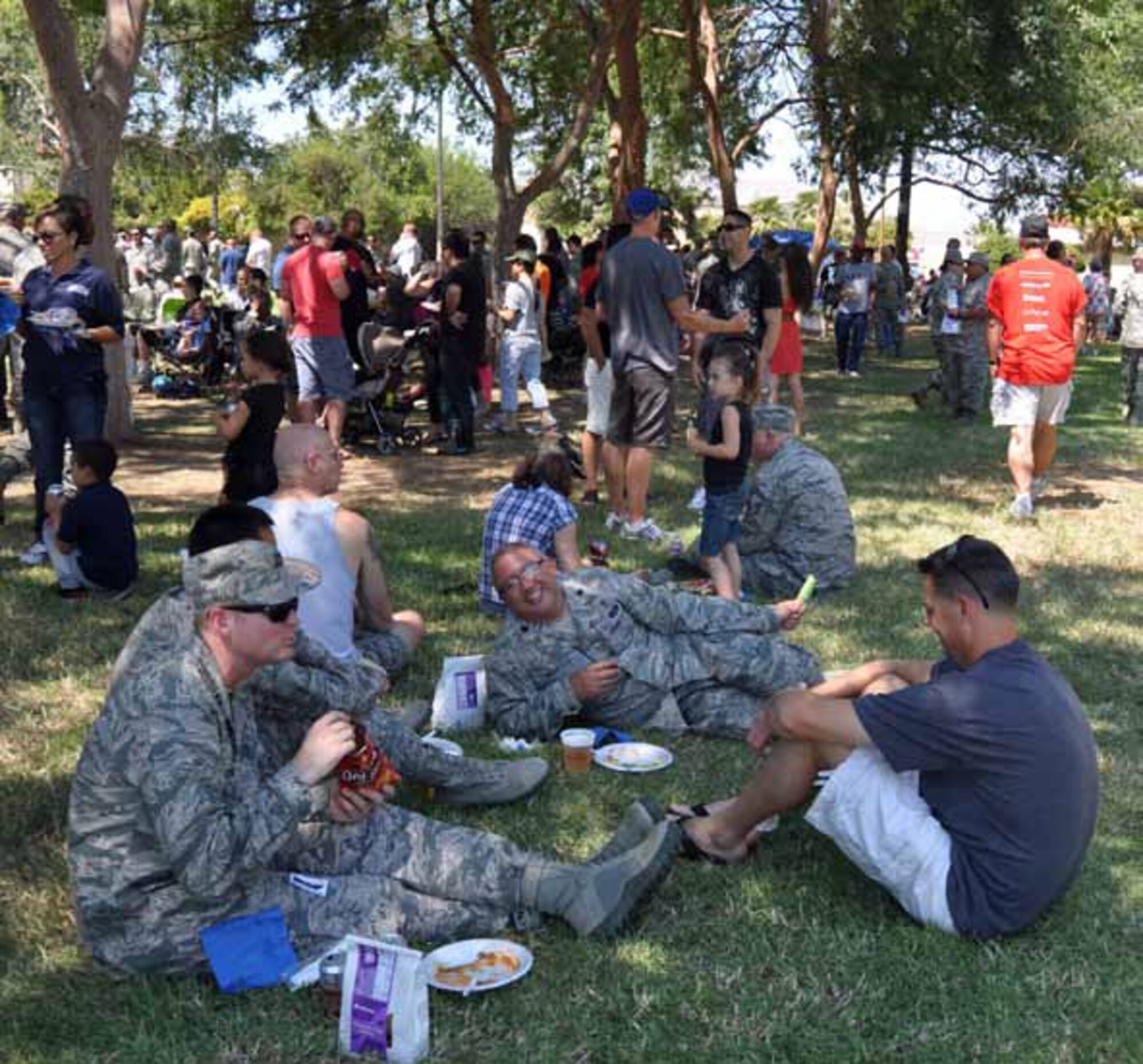 Team March members relax during a break for a bite to eat during the March Field, 40th Annual Military Appreciation Picnic, Sept. 8. (U.S. Air Force photo by Master Sgt. Linda Welz)