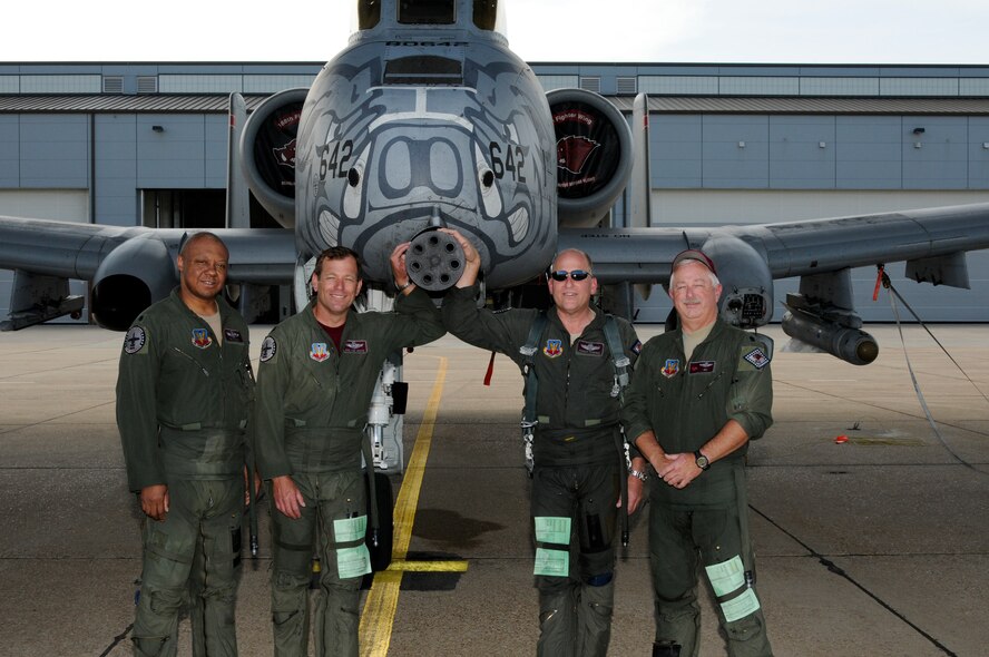 From left: Lt. Col. Tim Eddins, Lt. Col. Rod Vongrote, Lt. Col. Parker Pennings and Lt. Col. Mark Isenhower pose for a photo following their fini flights June 12. The four 188th Fighter Wing A-10C Thunderbolt II pilots recently retired from the Arkansas Air National Guard. Collectively, the foursome accumulated 107 years of experience and logged more than 12,500 flight hours. Isenhower retired Sept. 30 after flying the F-4 Phantom, F-16 Falcon, A-10, T-38 and T-37 during his 29-year career. Eddins retired Aug. 9 after flying the F-16, A-10, T-38 and T-37 during his 32-year career. Pennings retired Aug. 12 and flew the F-16, A-10 and T-38 during his 24-year career. Vongrote’s 22-year career was spent flying the F-16, A-10 and T-38.  (National Guard photo by Senior Master Sgt. Dennis Brambl/188th Fighter Wing Public Affairs)