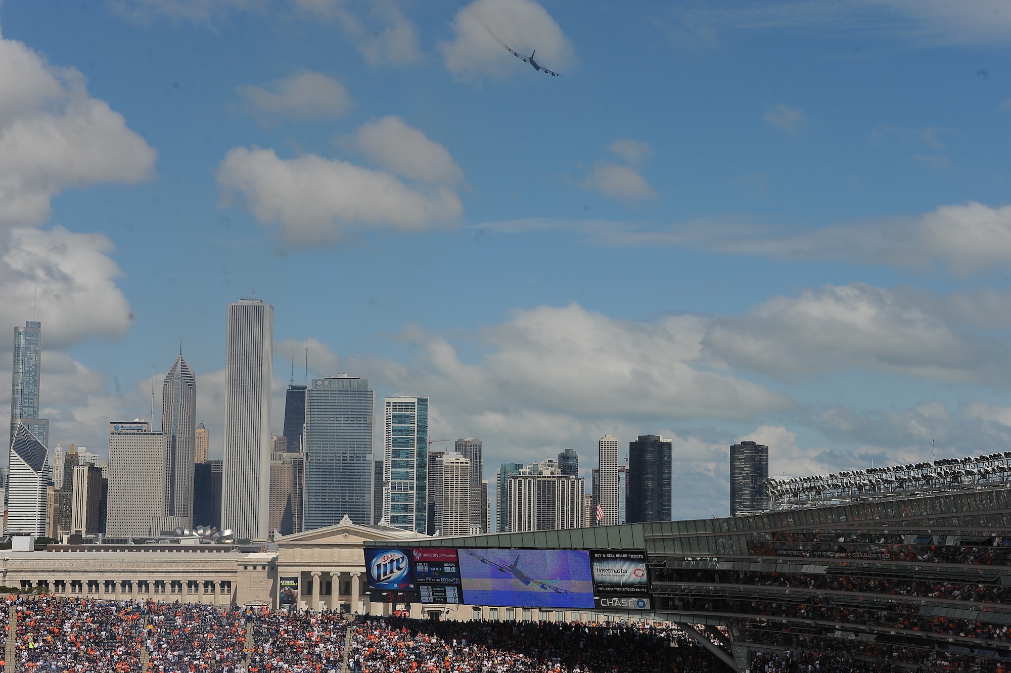 CHICAGO, Ill. -- A B-52H Stratofortress from Minot Air Force Base, N.D., conducts a flyover at Soldier Field Stadium. This occurred during the Chicago Bears' football team season opener against the Indianapolis Colts. (U.S. Air Force photo/Michael Connors)


