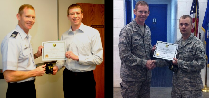 MINOT AIR FORCE BASE, N.D. -- Col. James Dawkins Jr., 5th Bomb Wing commander, presented Mr. Wade Vinje, from the 5th Contracting Squadron, and Senior Airman James E. Engelman, from the 705th Munitions Squadron, with the Own It Award for the month of September. Both of them exemplified the commanders vision of mission ownership. Engelman devised a solution that enabled both the immediate download of four missiles and reduced a replacement operation, that typically takes three days to complete, down to only one shift. Without the steadfast dedication of Mr. Vinje, Minot Air Force Base would not have secured the improved weather forecasts and observations capability required to ensure "safe, secure, and reliable" nuclear deterrence. (Courtesy photos)