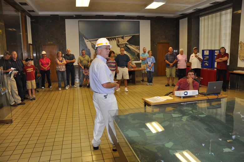 Chuck Ogle, Center Hill power plant superintendent, briefs visitors July 21, 2012 prior to the first tour of the U.S. Army Corps of Engineers Nashville District facility since Sept.11, 2001. (USACE photo by Fred Tucker)