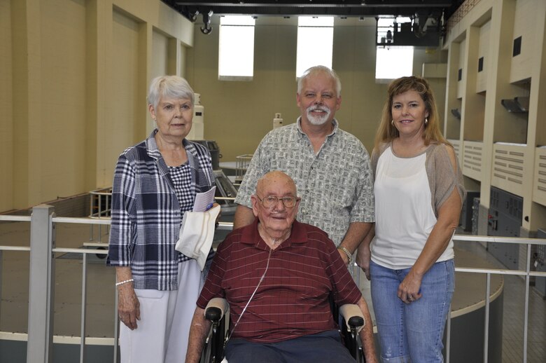 Tom Nixon, 83, who worked on the construction of the U.S. Army Corps of Engineers Nashville District Center Hill Dam that was completed for flood control in 1948, shared memories with employees and other visitors July 21, 2012. From left in background are Nixon’s wife, Dot; son, David; and daughter-in-law, Gloria. Many younger folks don’t remember the flooding that occurred almost annually before the dam was built, according to Nixon. (USACE photo by Fred Tucker)