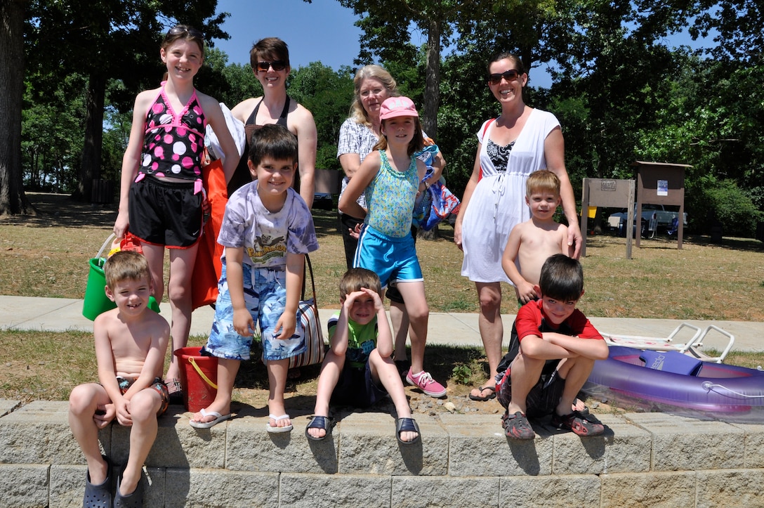 From left in front: Jack Clark, 7, Wyatt Shepherd, 5, Luke Tucker, 7, Hallie Clark, 10, John Reed Clark, 3, and Cody Shepherd, 7; standing in rear from left: Lainey Clark, Joy Clark, Jane Bussell and Jana Shepherd enjoy a free day at the J. Percy Priest-Cook Recreation Area Beach June 14, 2012. (USACE photo by Fred Tucker)