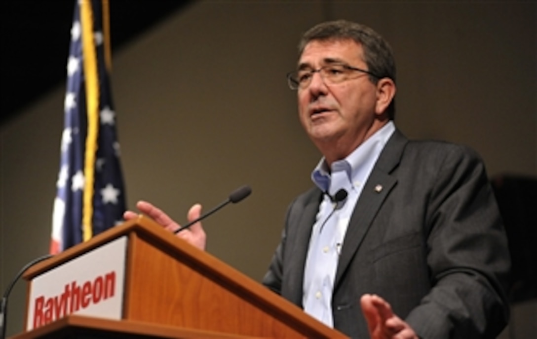 Deputy Secretary of Defense Ashton B. Carter addresses approximately 400 Raytheon employees in Tucson, Arizona, on Sept. 26, 2012.  