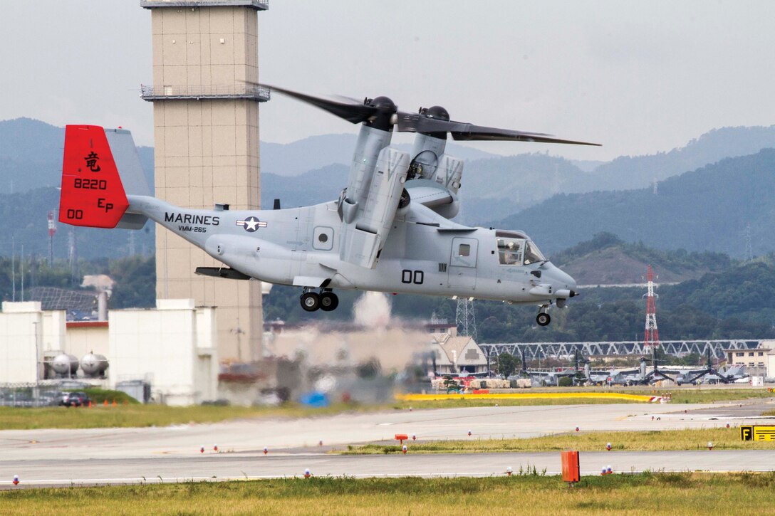 Marine Medium Tiltrotor Squadron 265 aircrews conduct MV-22B Osprey functional check flights aboard Marine Corps Air Station Iwakuni, Japan, Sept. 24.
