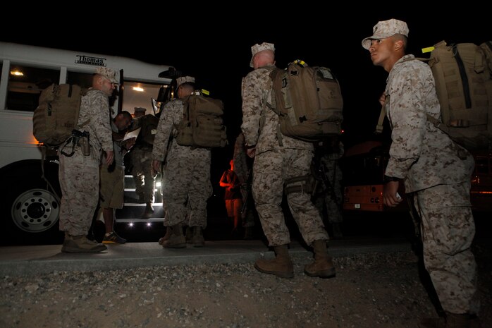 U.S. Marines assigned to Regimental Combat Team 7 embark on a yearlong deployment to Afghanistan at Marine Corps Air Ground Combat Center, Twentynine Palms, Calif., Sept. 26, 2012. (U.S. Marine Corps photo by Cpl. Alejandro Peña/Released)