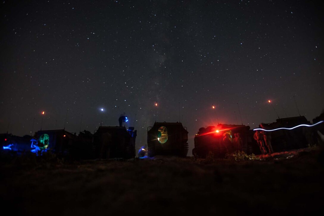 Marines with 3rd Assault Amphibian Battalion, 1st Marine Division, staged their vehicles on the beach on Camp Pendleton Calif. Sept. 6 after a mock ship-to-shore operation from the USS Makin Island. Marines with the battalion keep their skill sets sharpened for when the Marine Corps returns to its amphibious routes.