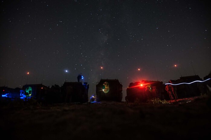 Marines with 3rd Assault Amphibian Battalion, 1st Marine Division, staged their vehicles on the beach on Camp Pendleton Calif. Sept. 6 after a mock ship-to-shore operation from the USS Makin Island. Marines with the battalion keep their skill sets sharpened for when the Marine Corps returns to its amphibious routes.