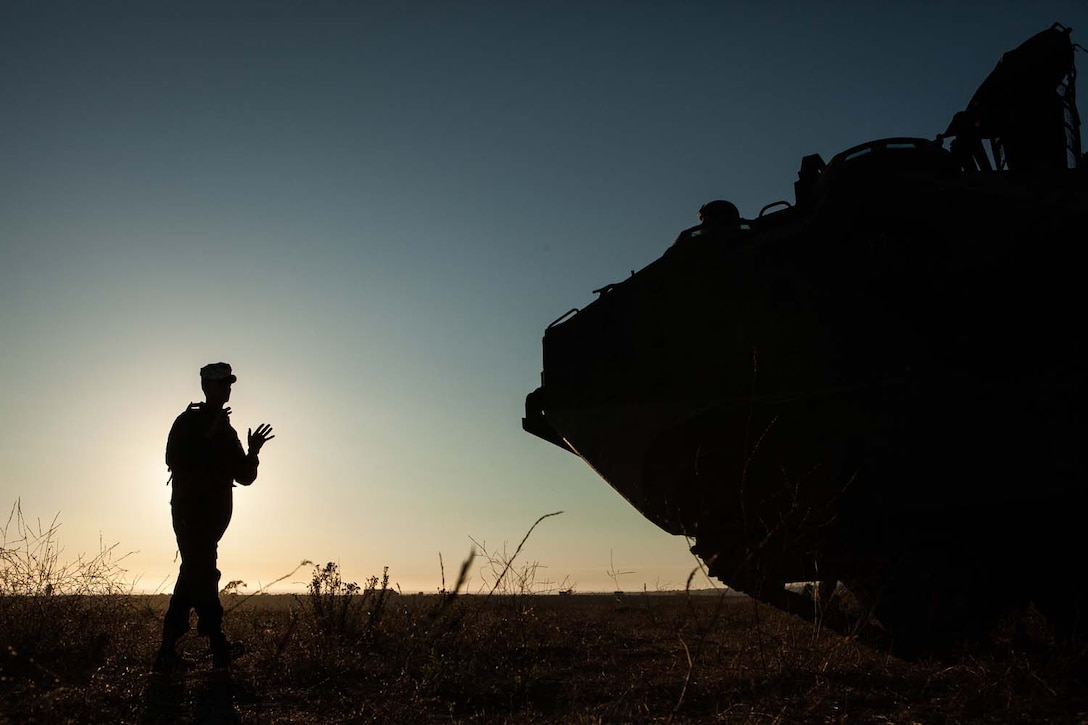 Sgt. Garrett Baresel, an Amphibious Assault Vehicle crewman, with 3rd Assault Amphibian Battalion, 1st Marine Division, acts as a ground guide for his vehicle and crew during a mock ship to shore operation on Camp Pendelton, Calif. September 6.