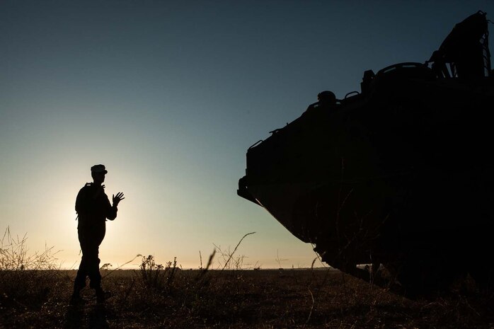 Sgt. Garrett Baresel, an Amphibious Assault Vehicle crewman, with 3rd Assault Amphibian Battalion, 1st Marine Division, acts as a ground guide for his vehicle and crew during a mock ship to shore operation on Camp Pendelton, Calif. September 6.