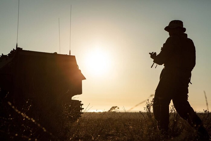 A Marine with 3rd Assault Amphibian Battalion, 1st Marine Division, acts as a ground guide for his vehicle and crew during a mock ship to shore operation on Camp Pendelton, Calif. September 6.