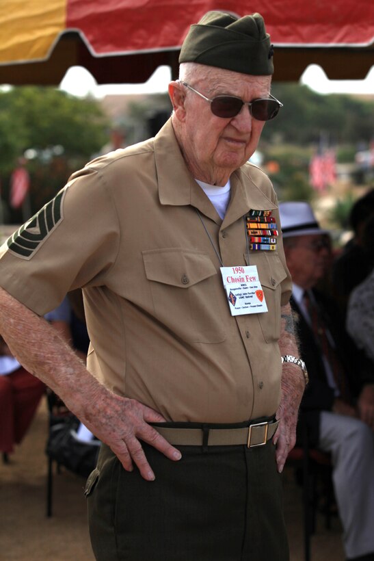MARINE CORPS BASE CAMP PENDLETON, Calif. -- Korean War veteran, 1st Sgt. John F. Farritor, honors fallen Korean War era Marines during the 62nd Memorial Anniversary of the Korean War at Camp Pendleton’s Pacific Views Event Center, Sept. 22. The event was held to honor the veterans who fought during the Landing on Inchon, in the street of Seoul and in the northern mountains near the Chosen Reservoir.