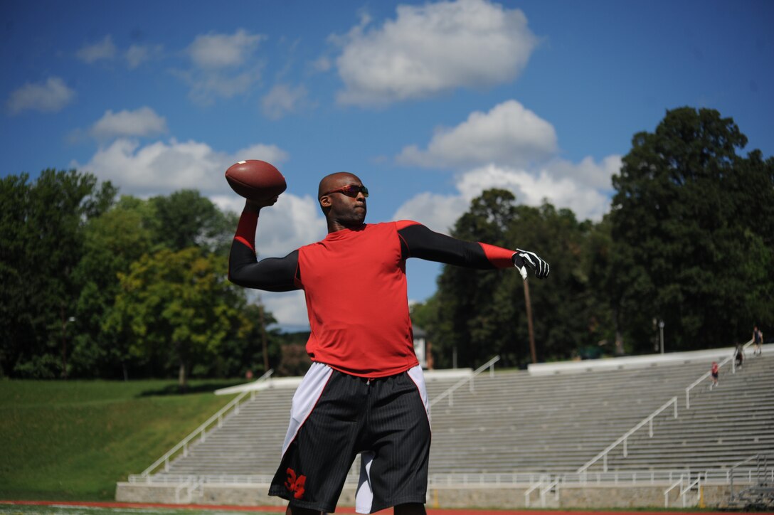Joe Randall, Black Ops’ team captain, throws the ball during a lunch-time practice at Butler Stadium on Monday before the beginning of the intramural flag football season. Black Ops play their first game on Tuesday.