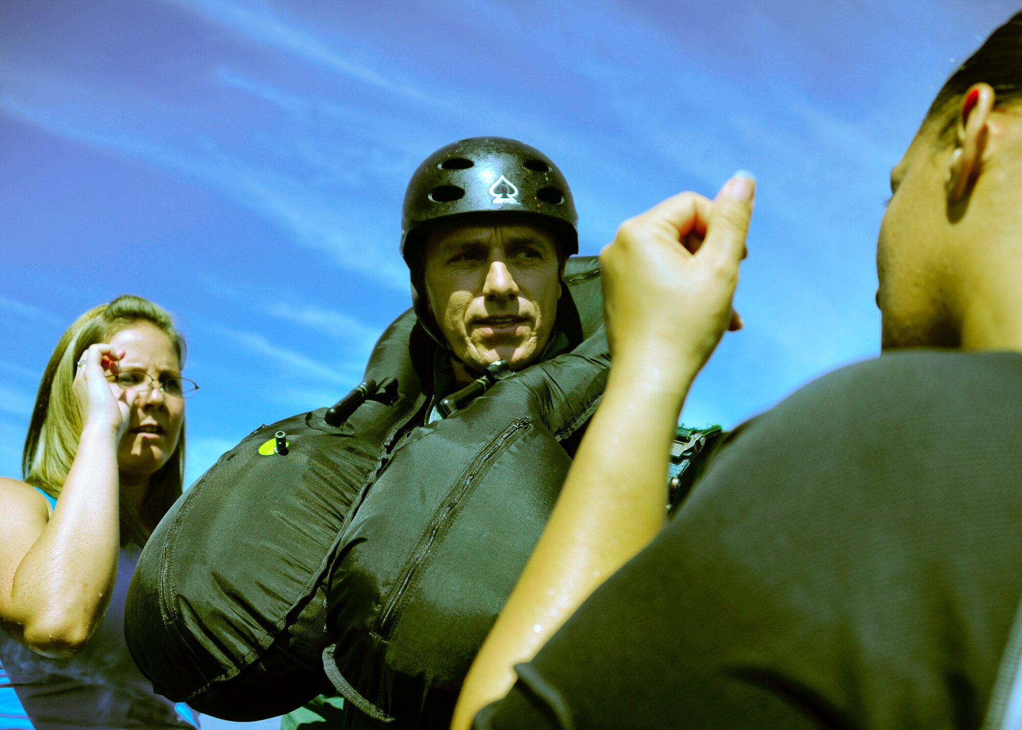 Kevin Tingle, the 29th Test Systems Squadron honorary commander, receives safety instructions from Airmen during water survival training at Post’l Point, Sept. 26. Designed for training pilots in the use of water survival equipment after an ejection over the sea or an emergency landing, the exercises provide an interactive environment for community members to work with Airmen. The honorary commander program pairs civic leaders and wing leadership together to exchange ideas and educate civilians about Air Force life. The 53rd Wing currently has 11 honorary commanders. (U.S. Air Force photo/Randy Gon)
