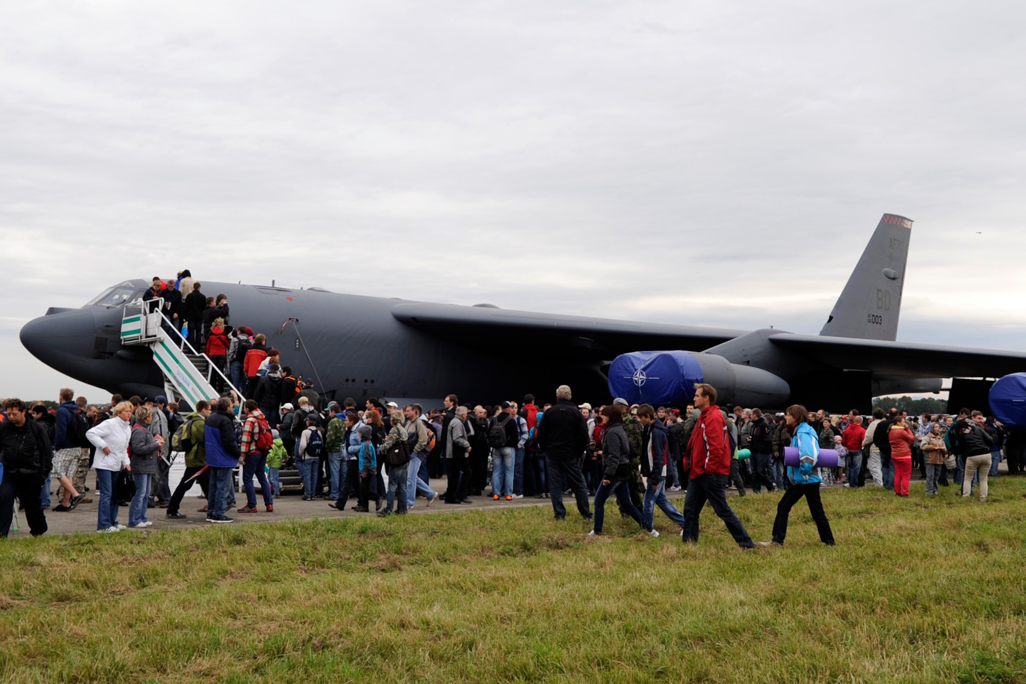 A B-52 Stratofortress sits on display on the Ostrava, Czech Republic air strip for NATO Days 2012. The Air Force Reserve 307th Bomb Wing deployed two aircraft to support the air show. More than 250,000 people attended the Sept 22-23 event.  (U.S. Air Force photo by Senior Master Sgt. Jessica D’Aurizio/Released)