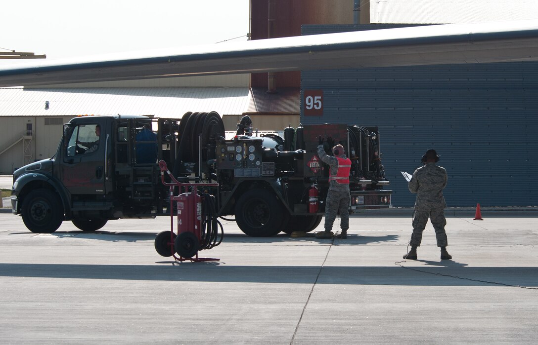 Master Sgt. Jason Justice, 28th Aircraft Maintenance Squadron production superintendent, oversees Staff Sgt. Ryan Walker, 28th Maintenance Group quality assurance inspector, marshal a fuel truck into position for hot pit refueling during a test evaluation at Ellsworth Air Force Base, S.D., Sept. 25, 2012. Hot pit refueling is a procedure usually performed in a combat situation to rapidly refuel aircraft while their engines are running, resulting in a speedy refueling and allowing aircrews to return to the fight in a short amount of time. (U.S. Air Force photo by Airman 1st Class Alystria Maurer/Released)