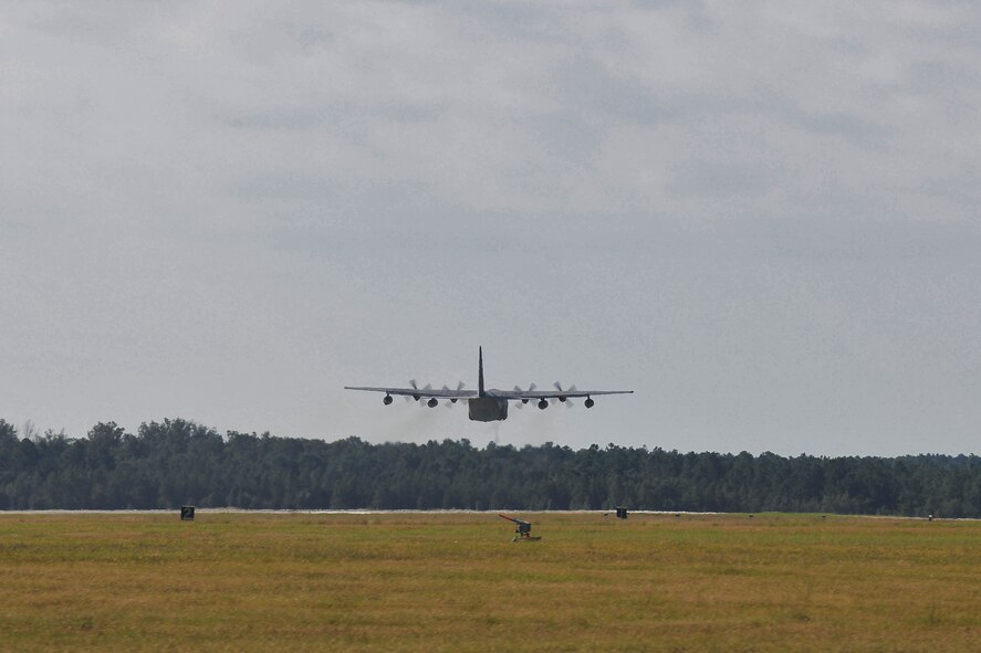 A HC-130P Combat King takes off for its final flight flight to the Aerospace and Aerospace Maintenance and Regeneration Center from Moody Air Force Base, Ga., Sept. 25, 2012. This was the first HC-130P Combat King to arrive at Moody in 1997. (U.S. Air Force photo by Staff Sgt. Stephanie Mancha/Released)