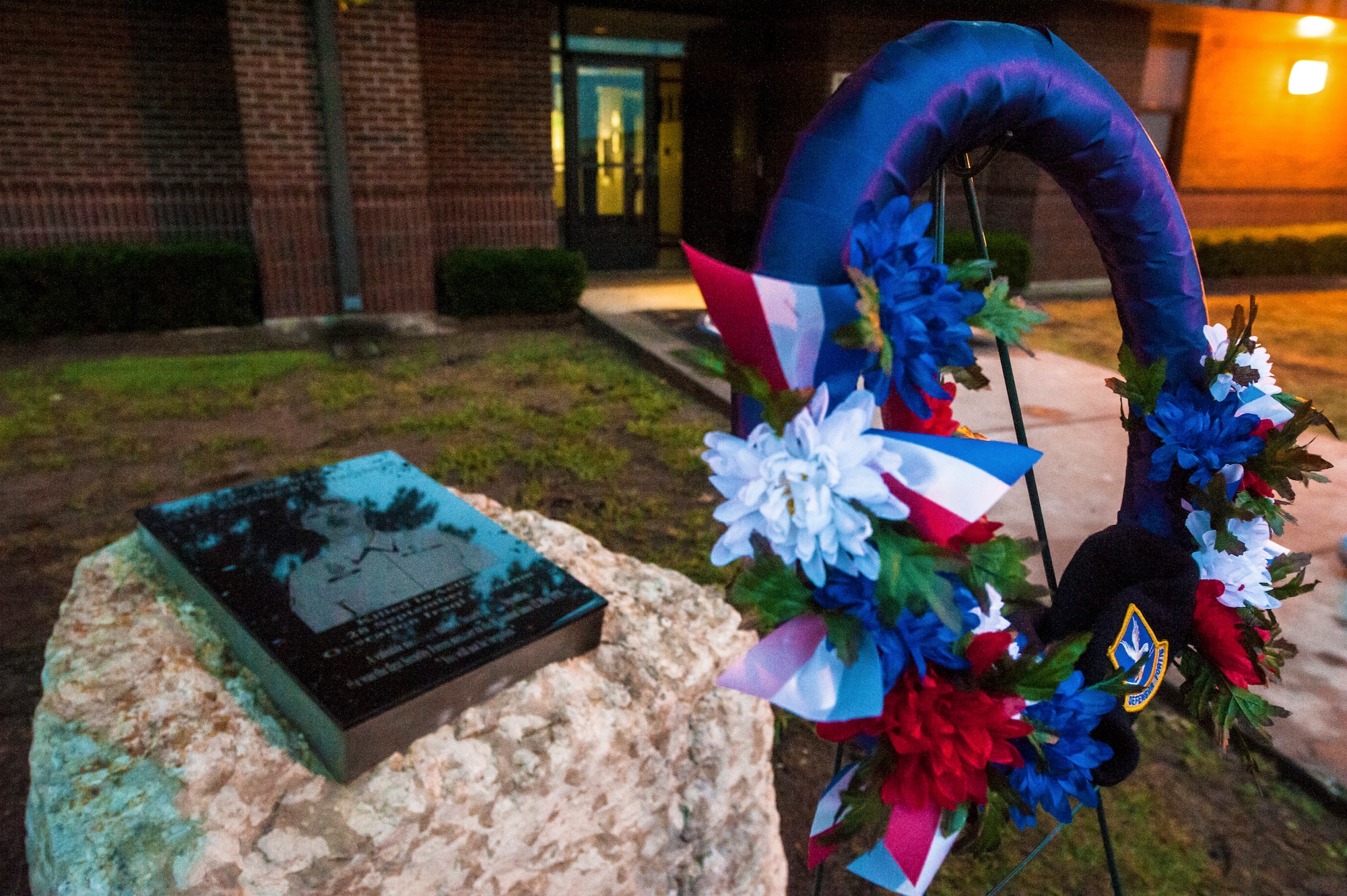 GOODFELLOW AIR FORCE BASE, Texas – A wreath is laid in front of Airman 1st Class Elizabeth Jacobson’s Memorial to commemorate her sacrifice Sept. 28, 2012. This year marks the seventh anniversary of her death. Jacobson was the first security forces member as well as the first Air Force female to be killed in action in Operation Iraqi Freedom in 2005 by a roadside bomb. (U.S. Air Force photo/Airman 1st Class Michael Smith)