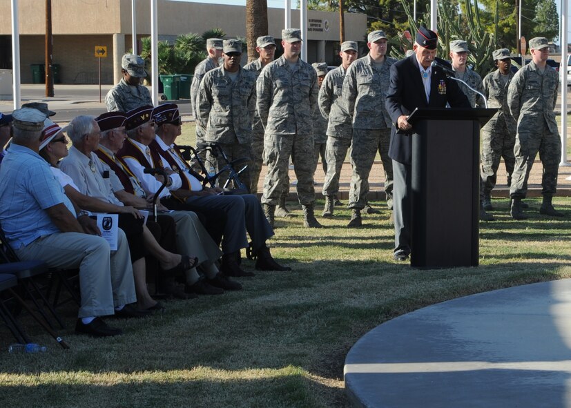 Former prisoner of war retired Staff Sgt. Joseph Johnson was guest speaker at the National POW/MIA Recognition Day ceremony Sept. 21 at Luke Air Force Base. He was a Japanese POW for three years before the end of World War II. The National POW/MIA Recognition Day honors POWs and military members missing in action from all wars. (U.S. Air Force photo by Airman 1st Class Devante Williams)