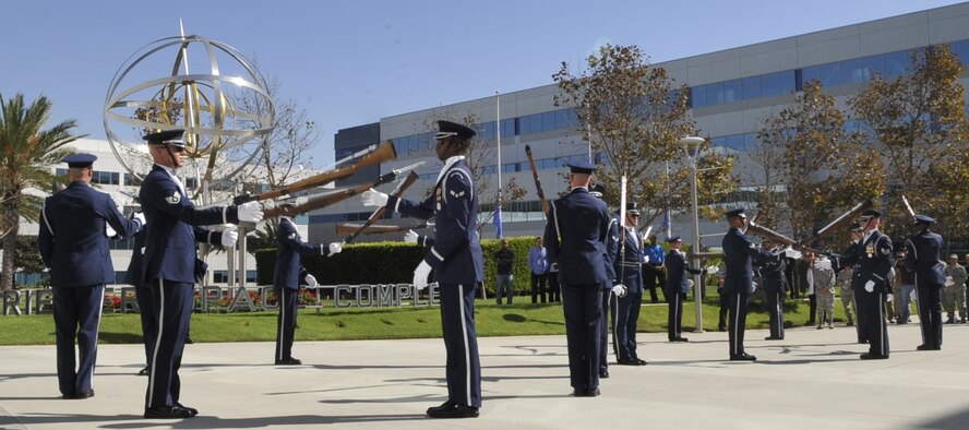 U.S. Air Force Honor Guard Drill Team members perform at Los Angeles Air Force Base, Calif., Sept. 14, 2012.  The Drill Team performed in front of more than 200 serivce members and civilians at the center, whose members develop, acquire, field and sustain the world’s best space and missile systems for the joint warfighter and the nation. (U.S. Air Force photo by Senior Master Sgt. Adam M. Stump)