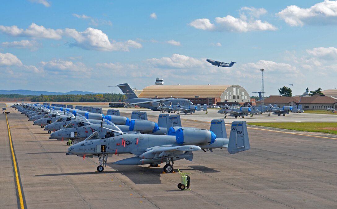 More than a dozen A-10 Thunderbolt II's, assigned to Davis-Monthan AFB, Ariz., passed through Westover as they made their way overseas. Westover's long runways, ample ramp space and geographic location, make it an ideal stop for military units on their way overseas. (U.S. Air Force photo by SrA. Kelly Galloway)
