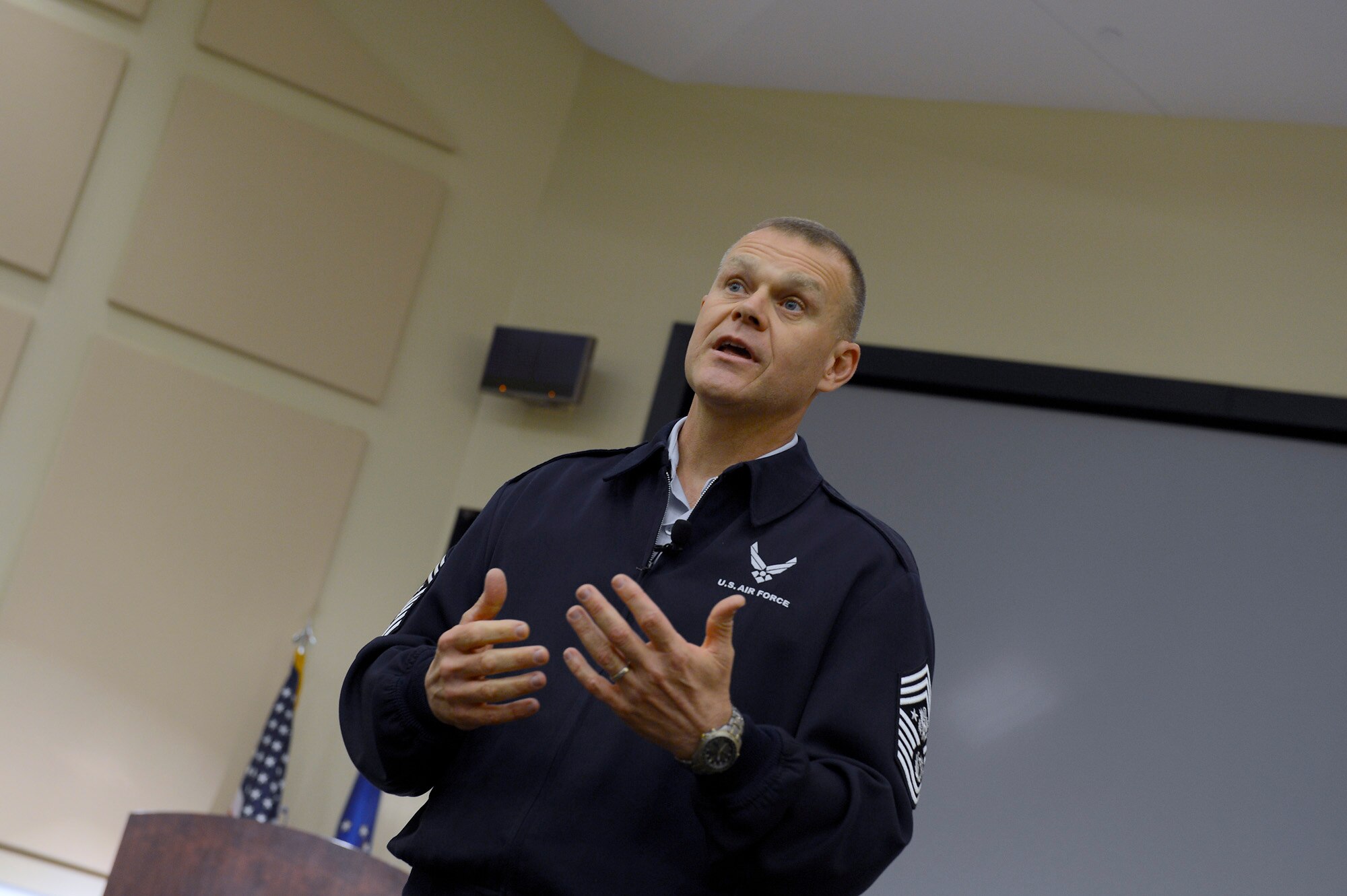 Chief Master Sergeant of the Air Force James Roy speaks at the Caring for People Forum at Joint Base Andrews, Md., on Sept. 26, 2012.  This is the fourth annual forum which provides strategies for commanders, leaders and care professionals to help Airmen and their families.  (U.S. Air Force photo/Scott M. Ash)