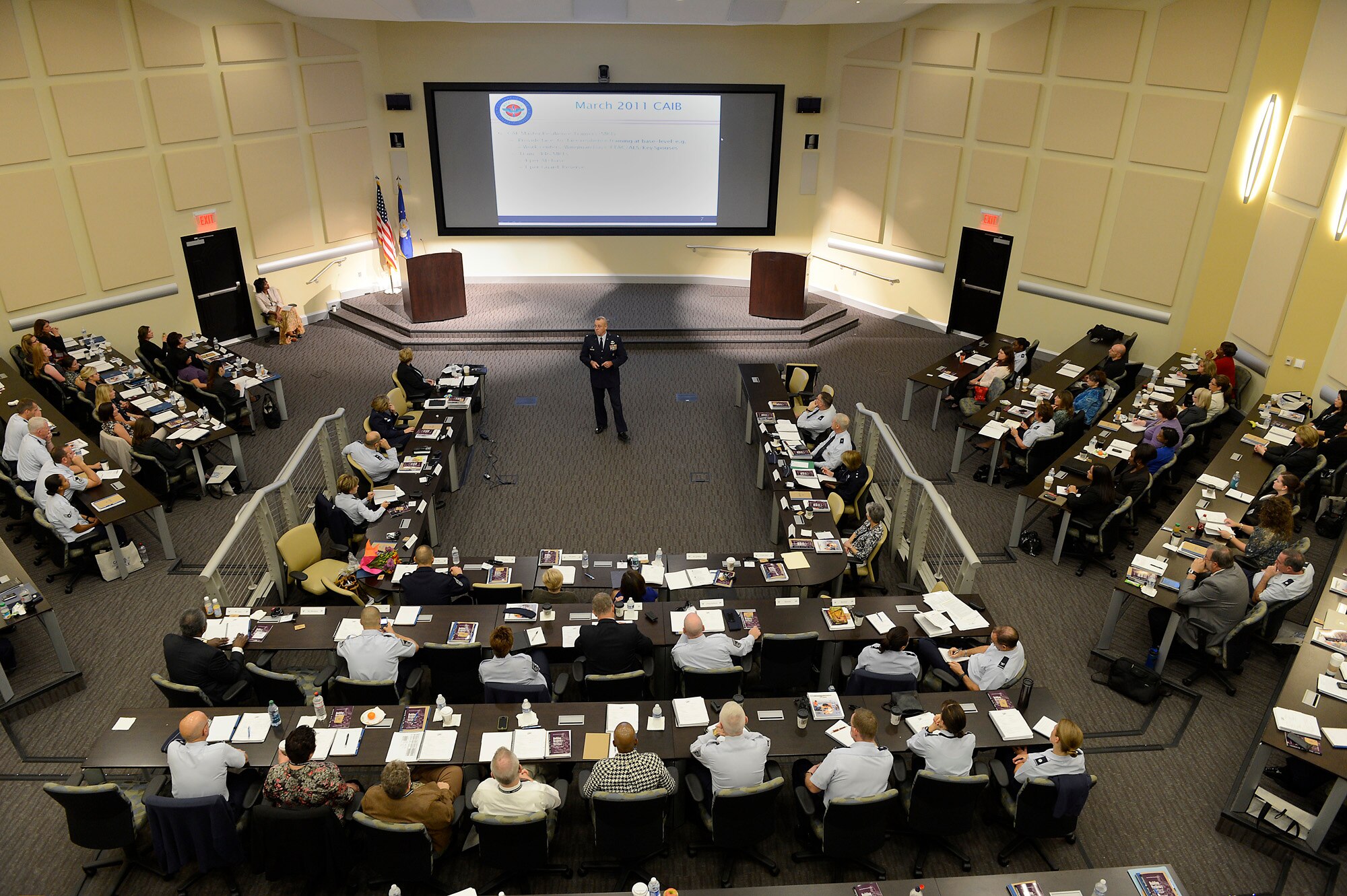 Lt. Col. Gregory Laffitte, with the Air Force Manpower, Personnel and Services directorate, provides Airmen fitness highlights at the Caring for People Forum at Joint Base Andrews, Md., on Sept. 26, 2012. This is the fourth annual forum which provides strategies for commanders, leaders and care professionals to help Airmen and their families.  (U.S. Air Force photo/Scott M. Ash)