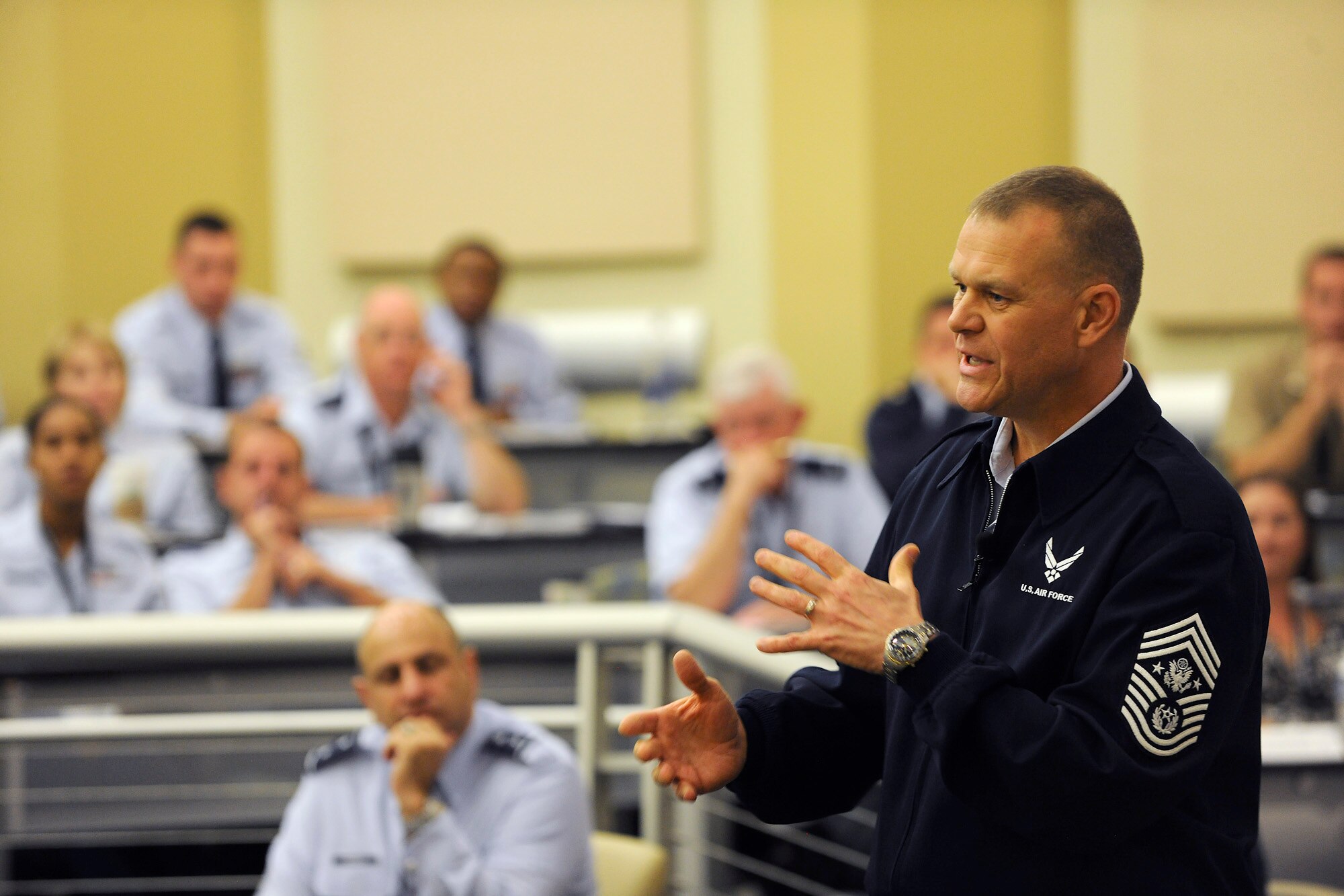 Chief Master Sergeant of the Air Force James Roy speaks at the Caring for People Forum at Joint Base Andrews, Md., on Sept. 26, 2012.  This is the fourth annual forum which provides strategies for commanders, leaders and care professionals to help Airmen and their families.  (U.S. Air Force photo/Scott M. Ash)