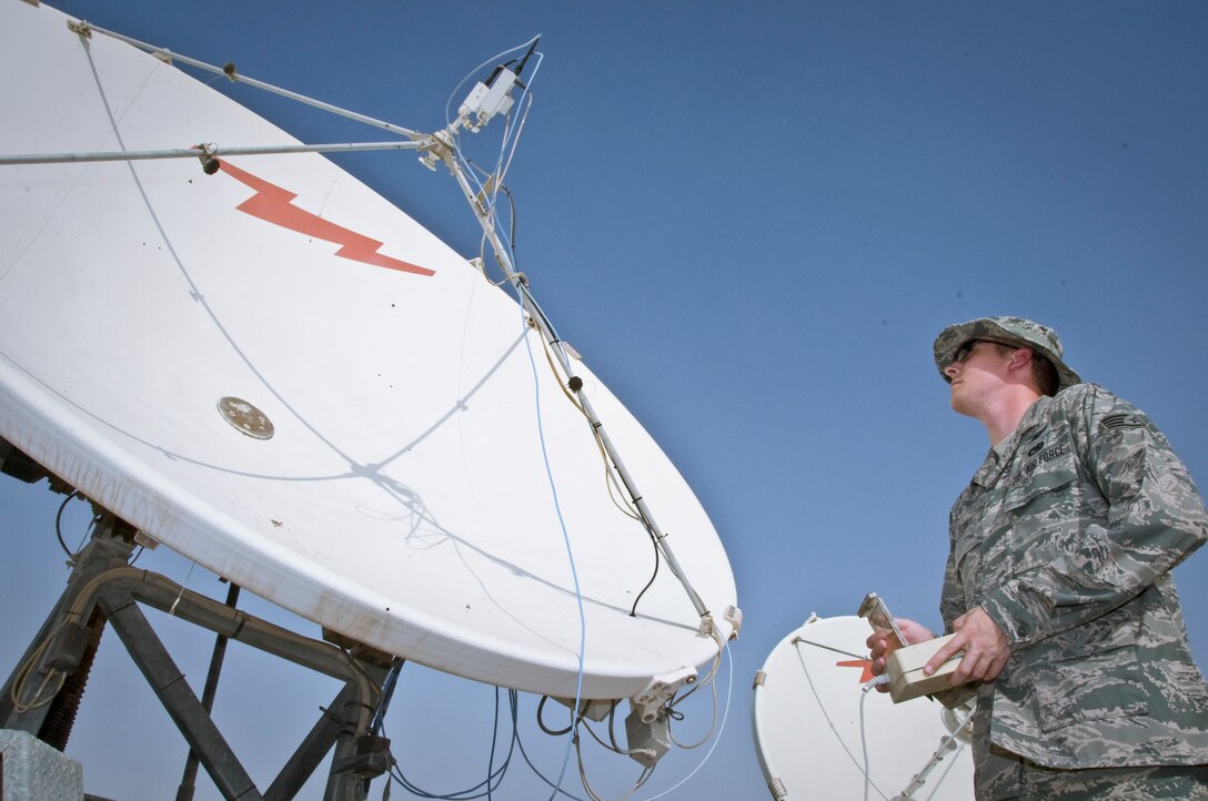 Staff Sgt. David Terry, 379th Expeditionary Operations Support Squadron Silent Sentry operator, uses a remote control to move a geolocation antenna to maximize the strength of the signal from an orbiting satellite Sept. 19, 2012. The Silent Sentry team monitors high priority satellite communication signals, detects electromagnetic interference on those signals and geolocates the source of that interference along with other signals of interest. (U.S. Air Force photo/Senior Airman Bryan Swink)