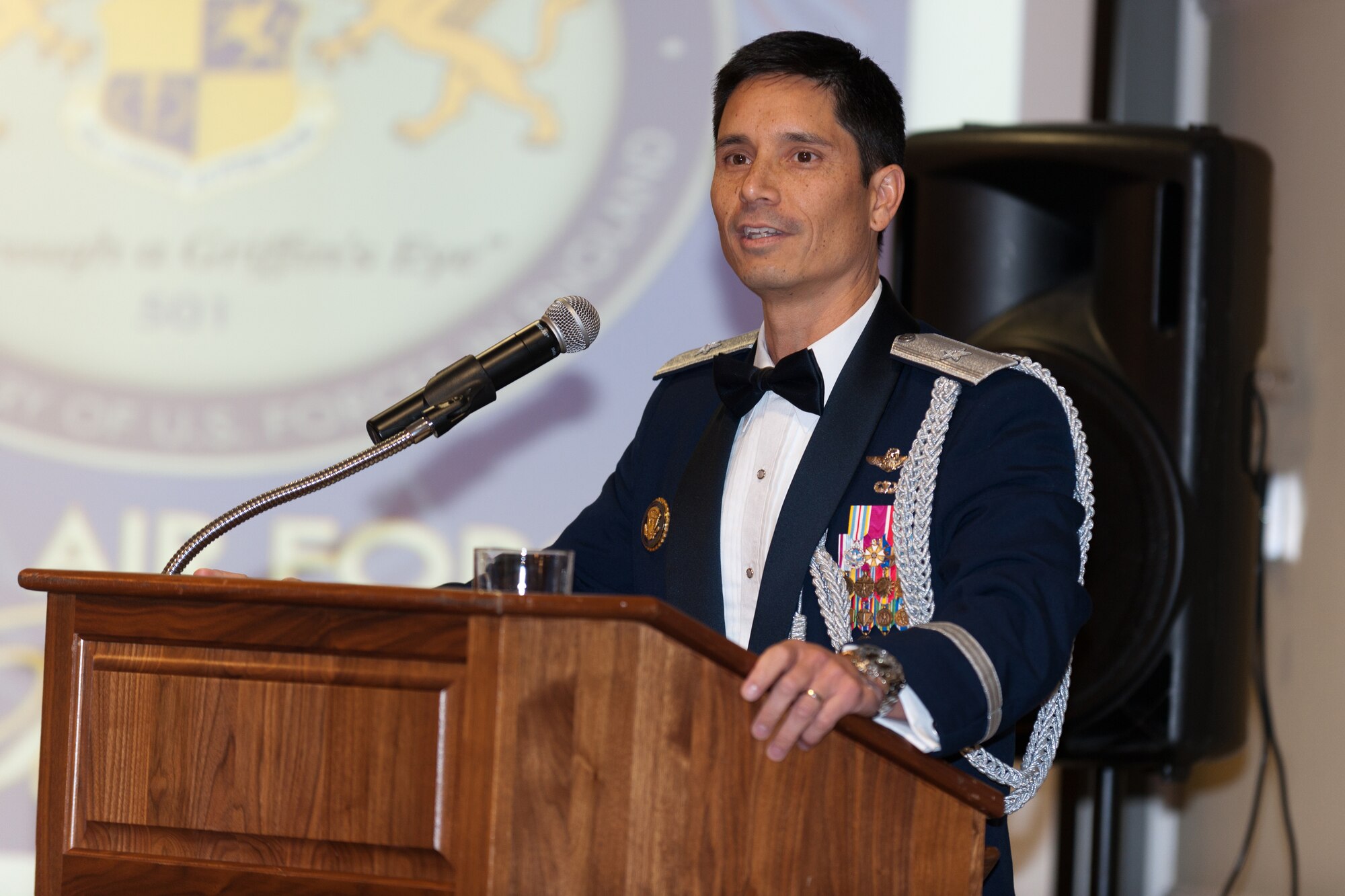 RAF ALCONBURY, United Kingdom - Brig. Gen. John Quintas, the Defense Attaché at the U.S. Embassy in London, was the guest speaker for the 501st Combat Support Wing Air Force Ball at the Stukeley Inn on RAF Alconbury Sept. 21. Quintas reflected on the Air Force’s past and talked about how the Airmen are the strength of the future. More than 300 Airmen attended the ball at RAF Alconbury. (U.S. Air Force photo by Staff Sgt. Brian Stives)
