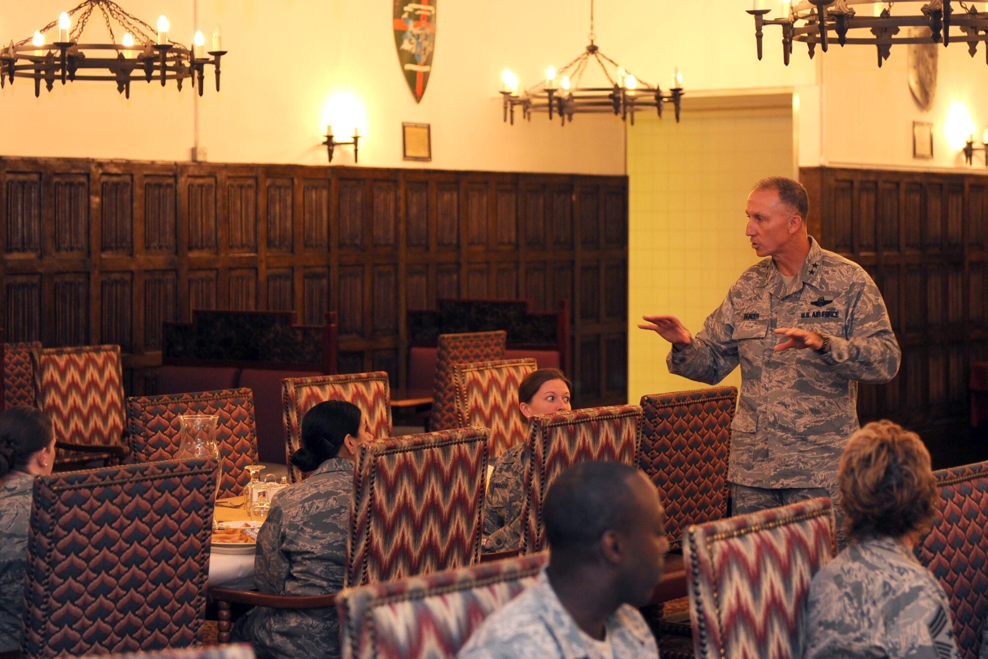 Maj. Gen. William Bender, Expeditionary Center commander talks with airmen from the 727th Air Mobility Squadron, a tenant unit at RAF Mildenhall, Sept. 27, 2012. The general visited the 727th AMS as a part of a visit to England to more effectively utilize the assets that he commands. (U.S. Air Force photo/ 2nd Lt. Christopher Mesnard)