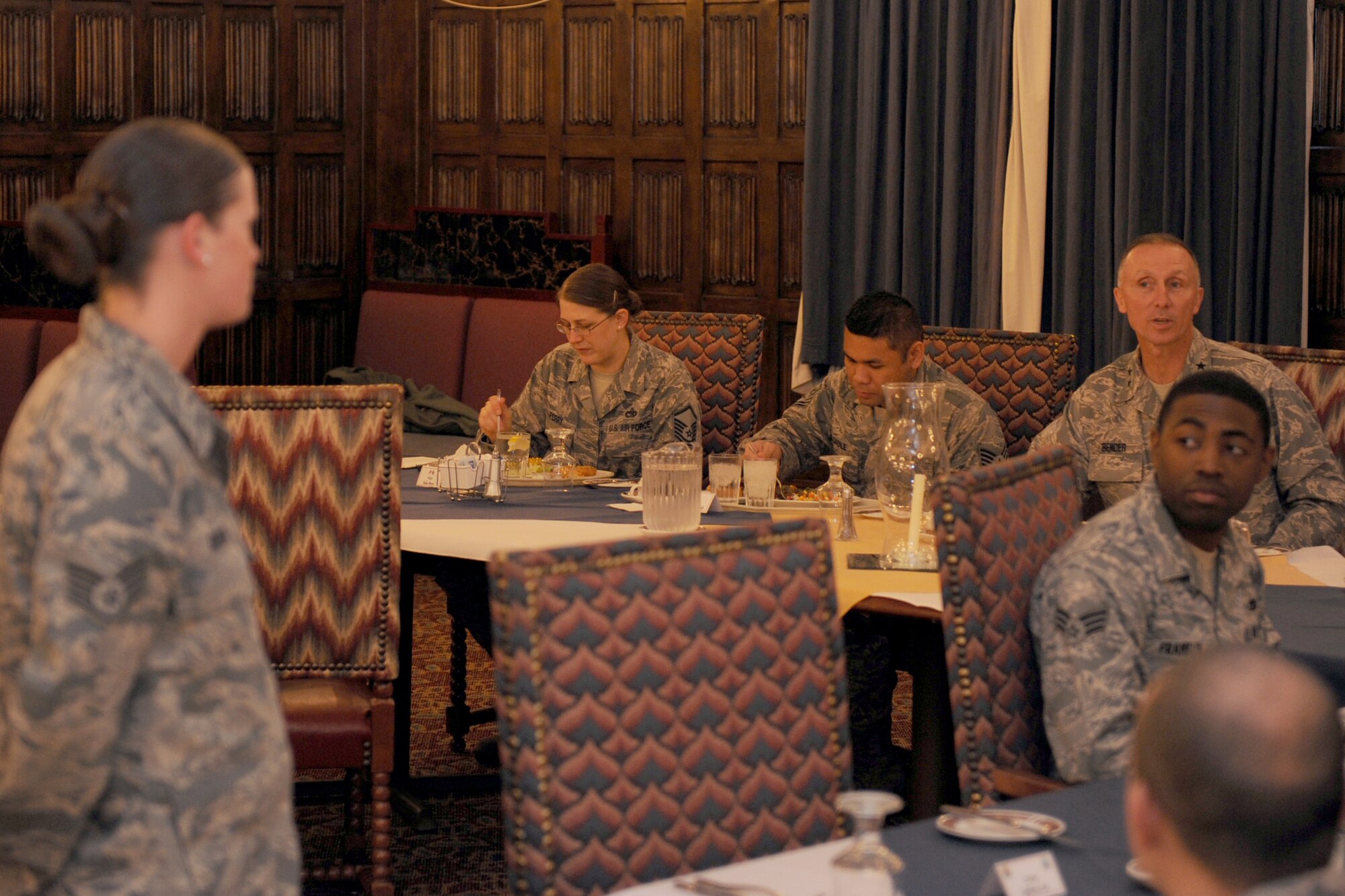 Maj. Gen. William Bender, Expeditionary Center commander talks with airmen from the 727th Air Mobility Squadron, a tenant unit at RAF Mildenhall, Sept. 27, 2012. The general visited the 727th AMS as a part of a visit to England to more effectively utilize the assets that he commands. (U.S. Air Force photo/ 2nd Lt. Christopher Mesnard)