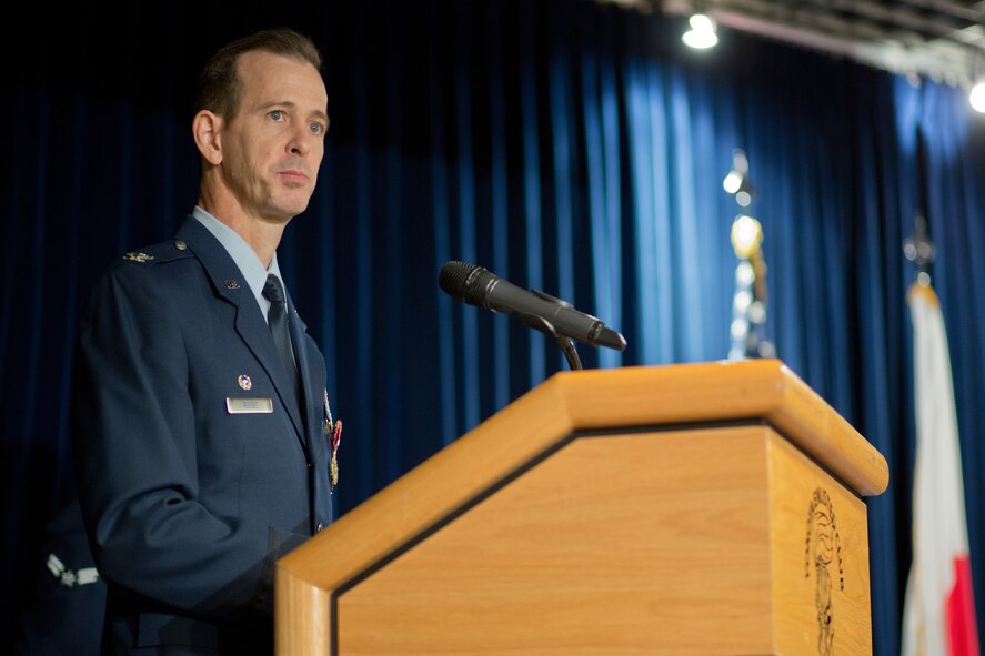 YOKOTA AIR BASE, Japan -- U.S. Air Force Col. Marc Reese, 13th Air Force Detachment 1 commander, gives a speech during the 13th AF Det 1 inactivation ceremony at Yokota Air Base, Japan, Sept. 26, 2012. After leading the detachment through several major exercises and Operation Tomodachi, Reese is now serving as the 5th Air Force chief of staff. (U.S. Air Force photo by Osakabe Yasuo)