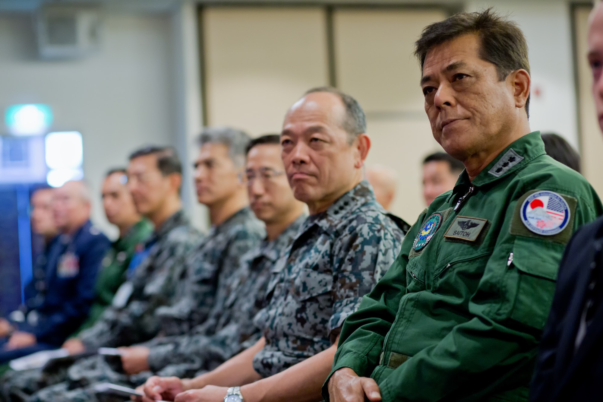 YOKOTA AIR BASE, Japan -- Japan Air Self-Defense Force generals attend the 13th Air Force Detachment 1 inactivation ceremony at Yokota Air Base, Japan, Sept. 26, 2012.  Since its activation in January 2007, the detachment has worked intelligence, operations, planning, logistics and communications issues on behalf of Pacific Air Forces to strengthen the alliance between U.S. and Japan. (U.S. Air Force photo by Osakabe Yasuo)