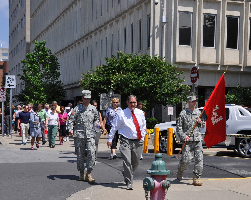 Lt. Col. James A. DeLapp, Mike Wilson,  deputy for Nashville District’s Programs and Project Management, and Maj. Patrick Dagon lead the walk from Estes Kefauver Federal Building to L.P. Field and back on the Corps on the Move event held on Wednesday, May 16, 2012. (USACE photo by Amy Redmond)