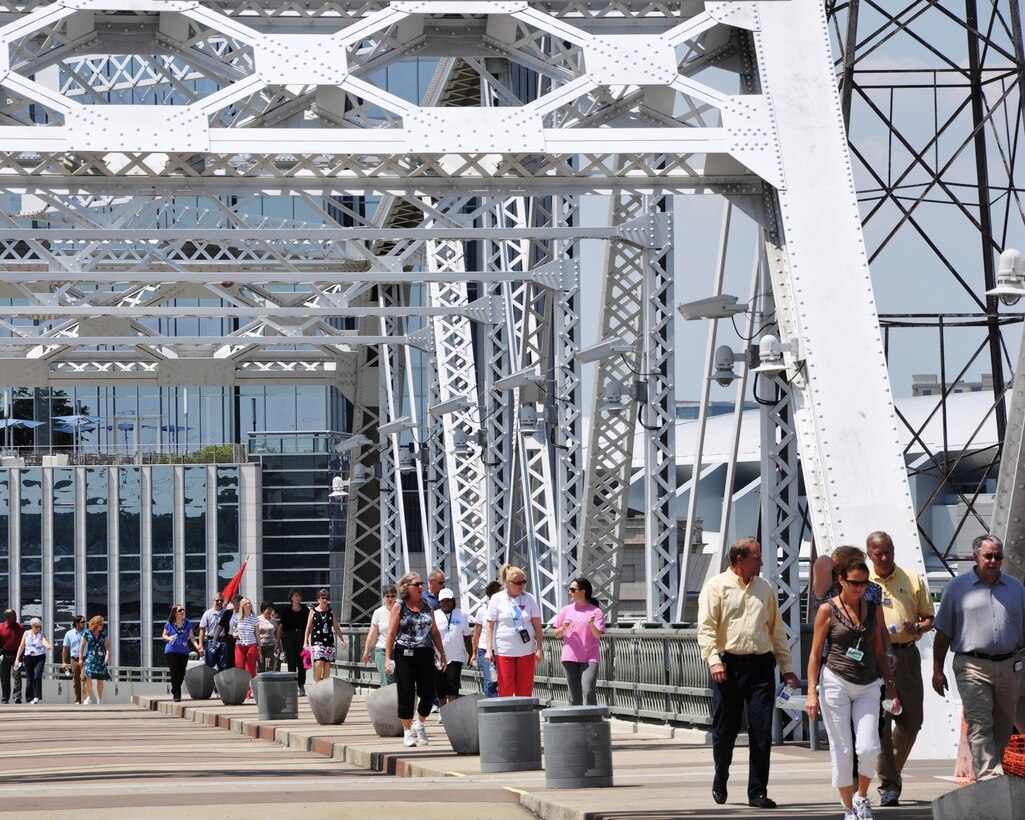 Nashville District headquarter employees walk across the Shelby Street Pedestrian Bridge during the Corps on the Move event held on Wednesday, May 16, 2012. (USACE photo by Amy Redmond) 