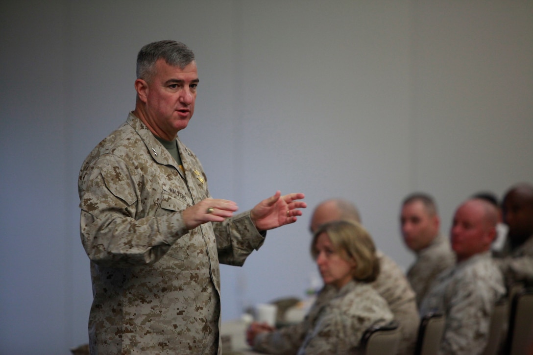 Maj. Gen. Glenn M. Walters, 2nd Marine Aircraft Wing commanding general, gives his opening remarks during an E-9 symposium at Millers Landing aboard Cherry Point Sept. 20.