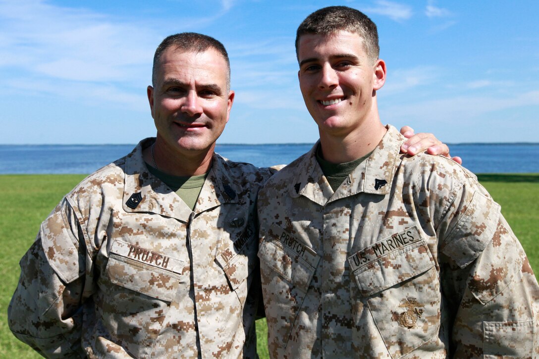 Cpl. Scott Prutch, right, will carry the torch for his family as a United States Marine. His father, Sgt. Maj. Henry Prutch, left, retired Sept. 21 at Marine Corps Air Station Cherry Point, N.C., after 30 years of honorable and faithful active service. Scott Prutch, a landing support specialist with Combat Logistics Battalion 4, served as the commander of troops for the event.


