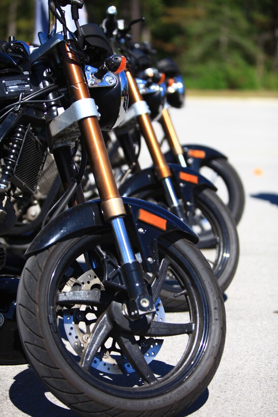 A row of training motorcycles sits ready to be used as part of the Basic Rider’s Course aboard Camp Lejeune, N.C., Sept. 24, 2012.  The BRC is a two-day course, is free to active-duty military personnel, and teaches the basic fundamentals of motorcyle operation and safety. (U.S. Marine Corps photo by Lance Cpl. Paul Peterson)