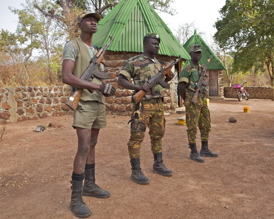Senegalese Park Rangers in the Niokolo Koba National Park. Poachers are heavily armed and have killed park rangers in the past. 