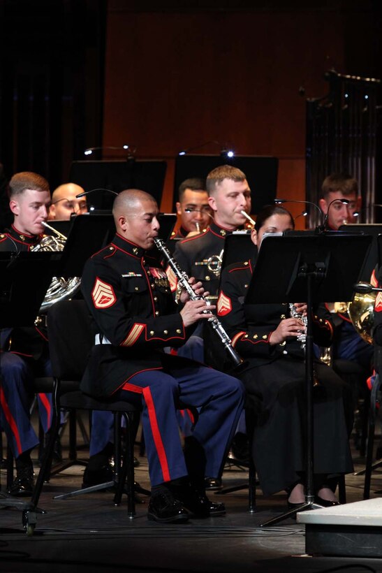 The 1st Marine Division Band and the U.S. Navy Band bluegrass group, "Country Currents", perform during a concert at the California Center for the Arts Escondido, April 24.