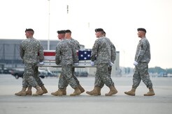 A U.S. Army carry team transfers the remains of Army Staff Sgt. Orion N. Sparks of Tucson, Ariz., at Dover Air Force Base, Del., Sept. 27, 2012. Sparks was assigned to the 1st Squadron, 91st Cavalry Regiment, 173rd Airborne Brigade Combat Team, Schweinfurt, Germany. (U.S. Air Force photo/Adrian R. Rowan)