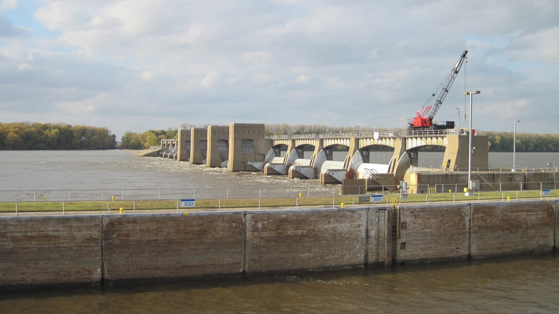 The view from the observation deck at Lock and Dam 21 on the Mississippi River in Quincy, IL.